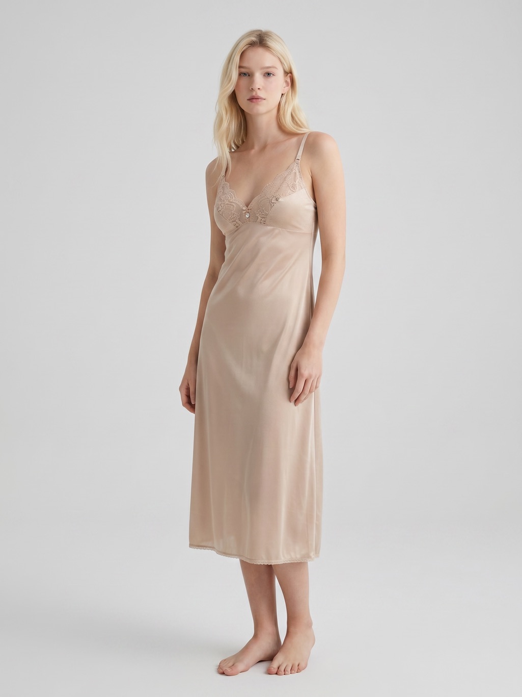 Vintage Vanity Fair Sheer Lace-Trim Slip Sleep Dress- Nude. Feminine. Cottage